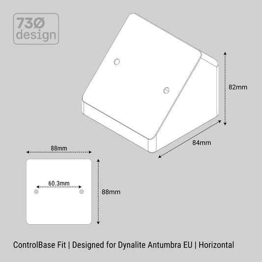 Technical drawing of a control base fit for Dynalite Antumbra EU on a gray background with 730 design logo.