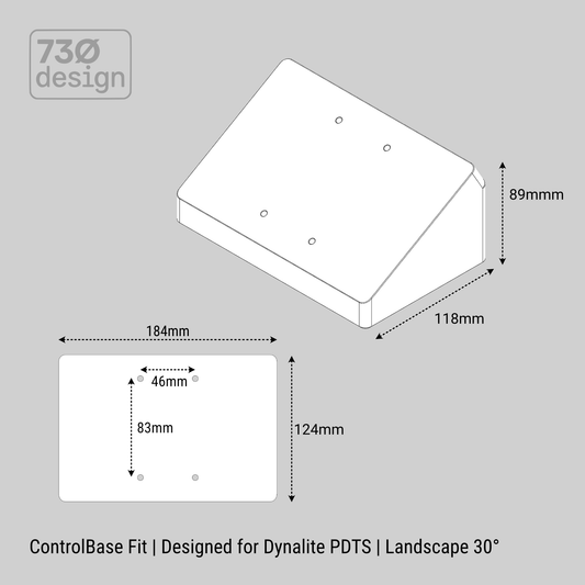 Technical diagram of a control base fit for Dynalite PDTS on a gray background with dimensions and screw spacing.