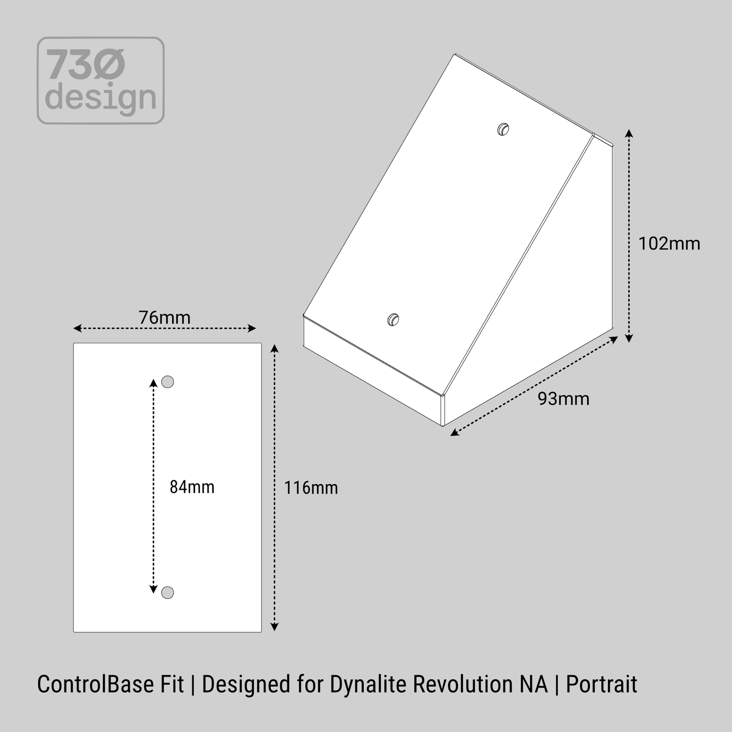 Technical drawing of a control base fit for Dynalite Antumbra NA on a gray background with dimensions labeled.