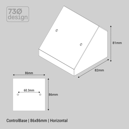 Technical drawing of a control base with dimensions on a gray background, featuring the 730 design logo.