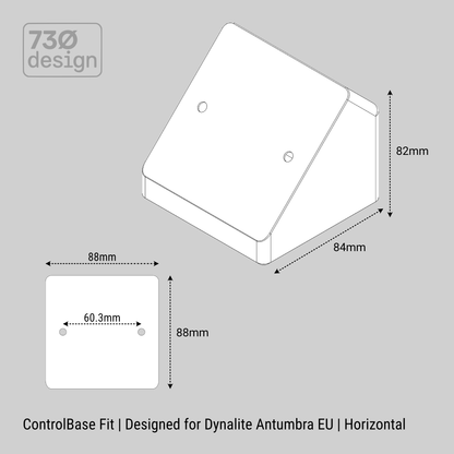 Technical drawing of a control base fit for Dynalite Antumbra EU on a gray background with 730 design logo.