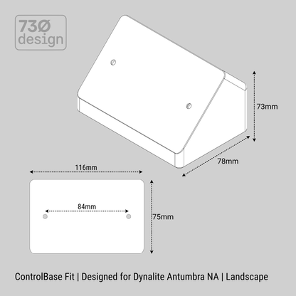 ControlBase Fit Dynalite Antumbra NA Landscape technical dimensional drawing - 116x75mm face, 84mm fixing centres, 73mm height, 78mm depth