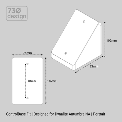 Technical drawing of a control base fit for Dynalite Antumbra NA on a gray background with dimensions labeled.