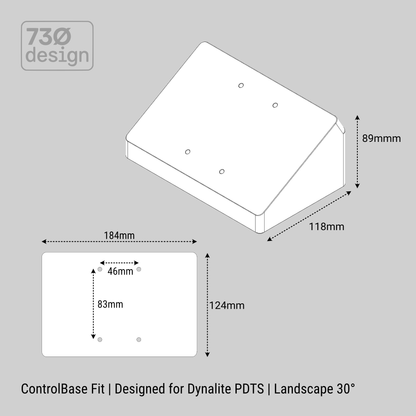 Technical diagram of a control base fit for Dynalite PDTS on a gray background with dimensions and screw spacing.