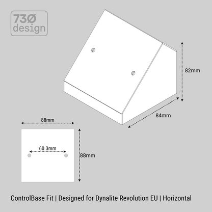 Technical diagram of a control base fit for Dynalite Antumbra EU, showing dimensions and screw spacing.