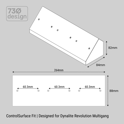 ControlBase Fit Dynalite Revolution Multigang Triple Gang technical dimensional drawing - 264x88mm face, three sets of 60.3mm (60mm) fixing centres, 82mm height, 84mm depth