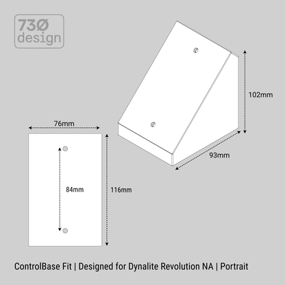 Technical drawing of a control base fit for Dynalite Antumbra NA on a gray background with dimensions labeled.