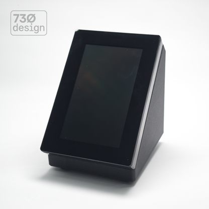 ControlBase Fit desktop mount in Obsidian Black with Pharos TPS5 touchscreen installed - 45 degree Portrait angle, front view. Verified compatible with Pharos XPT5 Express Touch and ETC Mosaic M-TS5, PoE and PoE+ compatible