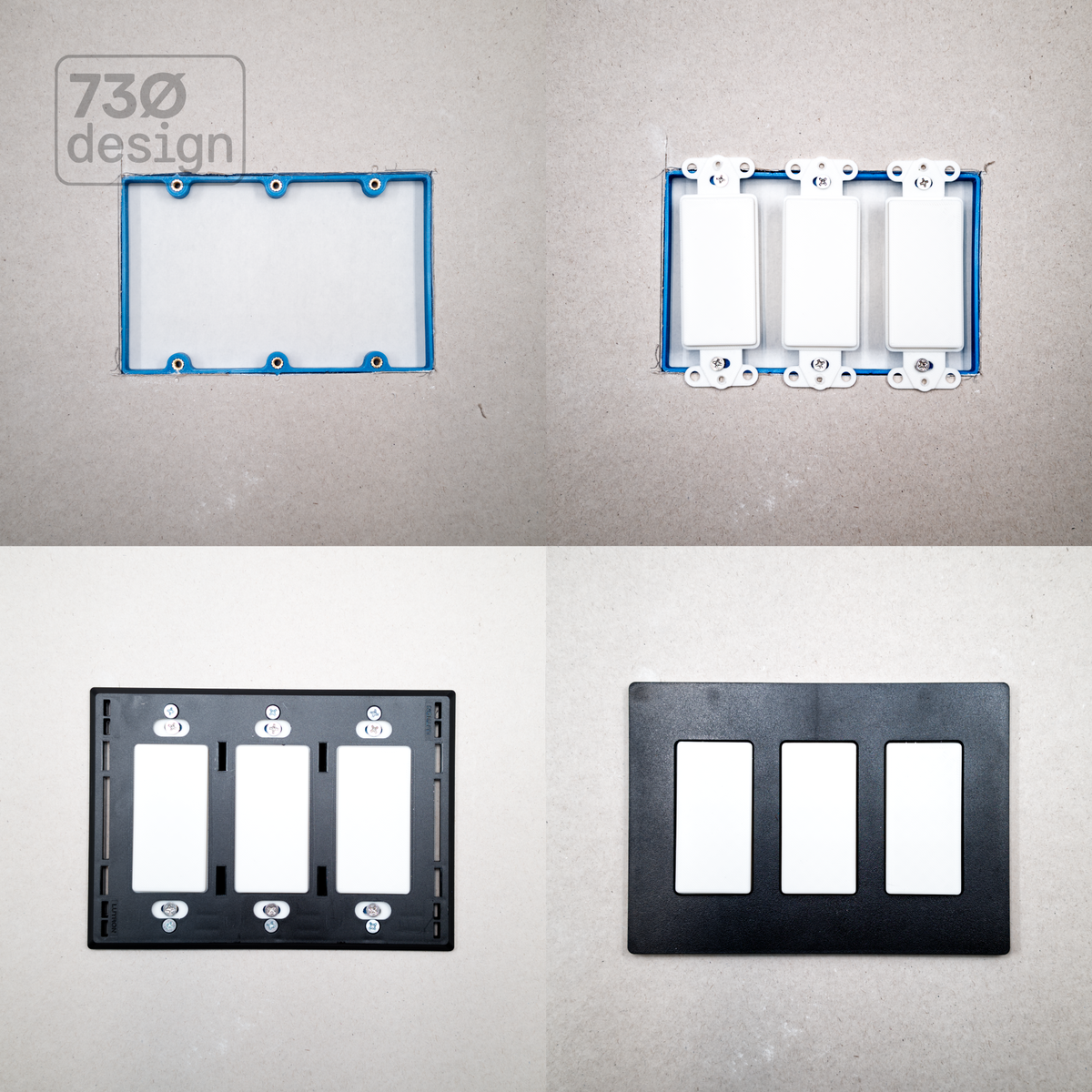ControlFix 3 & 4 Gang Cavity Mount Frame installation sequence - frame fitted into a plasterboard wall cutout, three Decora-format keypads clipped into the frame, wall plate assembled from behind, finished black 3-gang wall plate installed