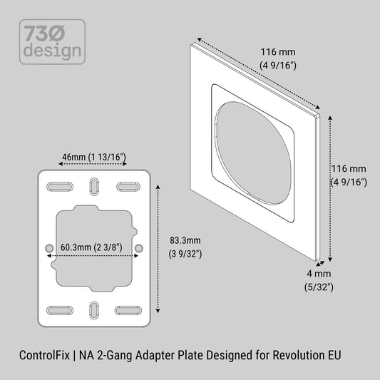 ControlFix NA 2-Gang Type 86 Adapter Plate technical dimensional drawing - mounting plate 46x83.3mm with 60.3mm (60mm) fixing centres, face plate 116x116x4mm. Compatible with Dynalite Revolution Display (PDRDE), Revolution Button EU (PDRxE), and Dynalite Antumbra EU panels