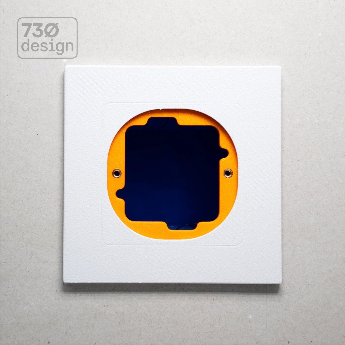 ControlFix NA 2-Gang adapter plate in Arctic White - front view before panel installation, showing orange mounting plate through cutout. Compatible with Dynalite Revolution Display (PDRDE), Revolution Button EU (PDRxE), and Dynalite Antumbra EU panels