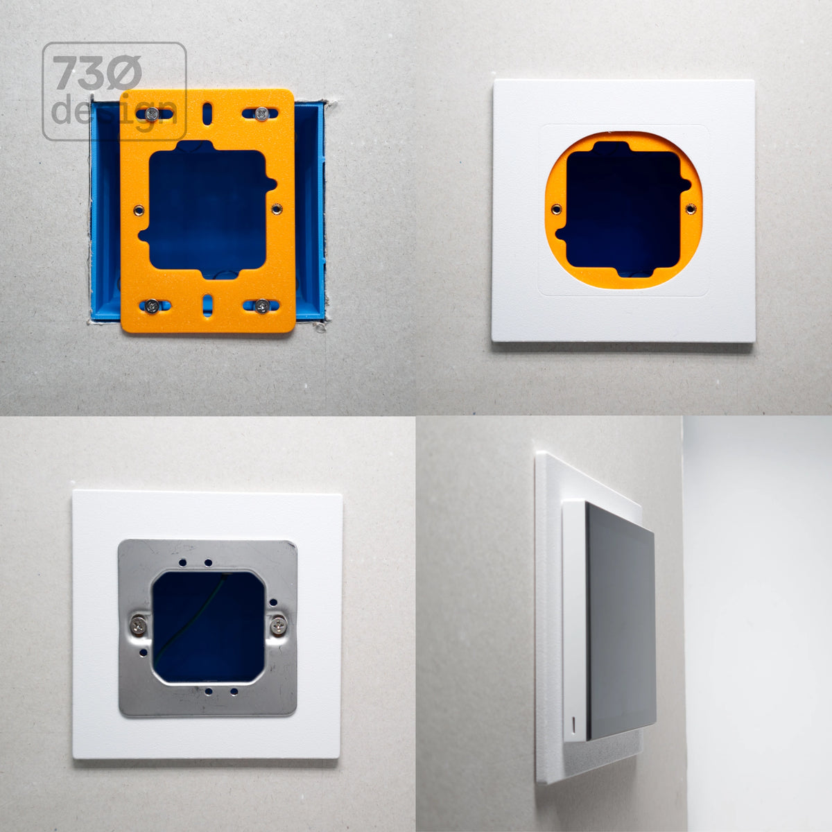ControlFix NA 2-Gang installation sequence - orange mounting plate fixed to NA 2-gang wallbox, white face plate fitted, Dynalite sub-mounting plate installed, finished side view with panel. Compatible with Dynalite Revolution Display (PDRDE), Revolution Button EU (PDRxE), and Dynalite Antumbra EU panels