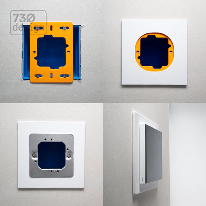 ControlFix NA 2-Gang installation sequence - orange mounting plate fixed to NA 2-gang wallbox, white face plate fitted, Dynalite sub-mounting plate installed, finished side view with panel. Compatible with Dynalite Revolution Display (PDRDE), Revolution Button EU (PDRxE), and Dynalite Antumbra EU panels