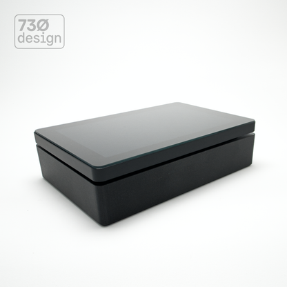 ControlSurface Fit surface-mount bracket in Obsidian Black with Dynalite PDTS touchscreen installed - front angled view