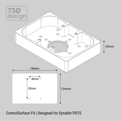 ControlSurface Fit Dynalite PDTS technical dimensional drawing - 184x124mm face, 46x83mm 4-hole fixing pattern, 35mm depth